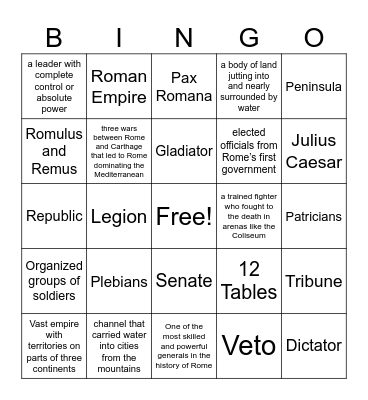Rome Vocab Bingo Card