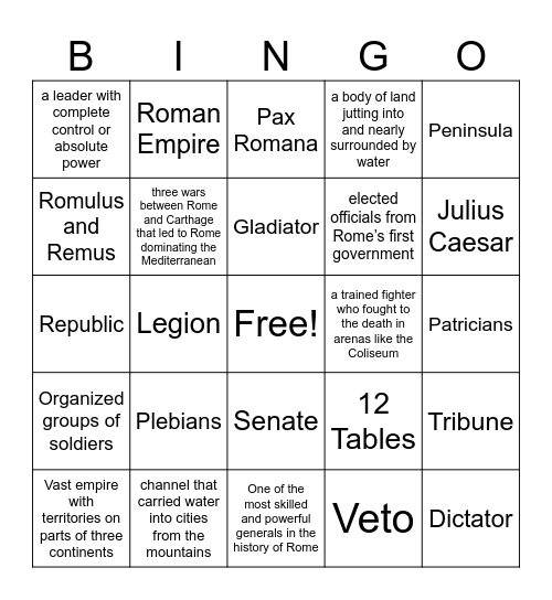 Rome Vocab Bingo Card