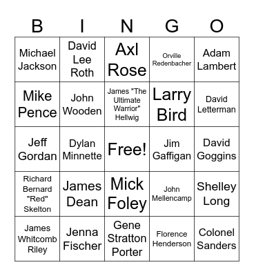 Famous Indiana People Bingo Card