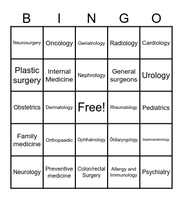 Medical Specialists Bingo Card