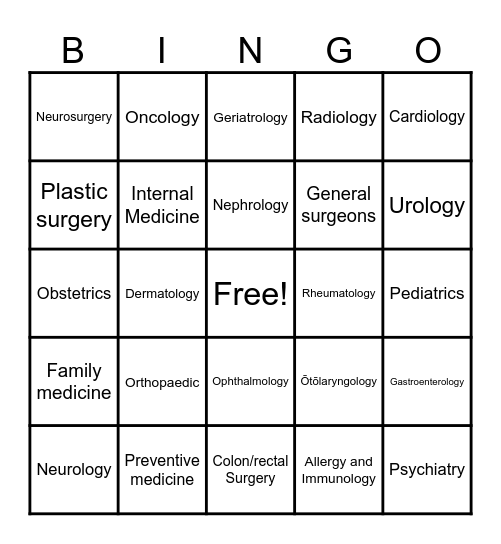 Medical Specialists Bingo Card