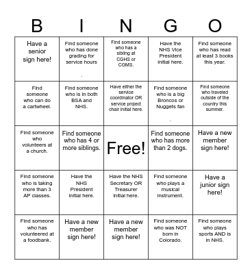 NHS Bingo Card