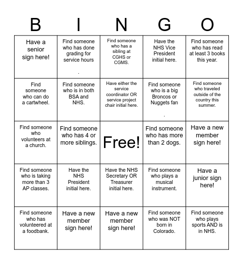 NHS Bingo Card