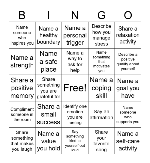 Interactive Mental Health Bingo Card