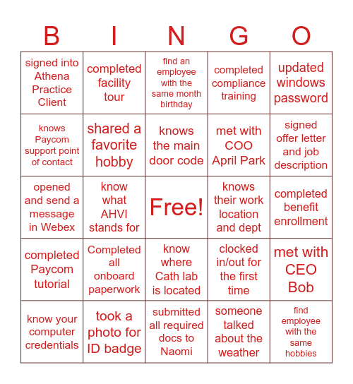 NEW HIRE ONBOARDING Bingo Card