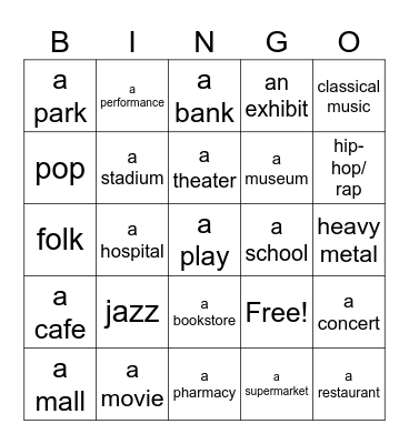 Events, Places, and Music Genres Bingo Card