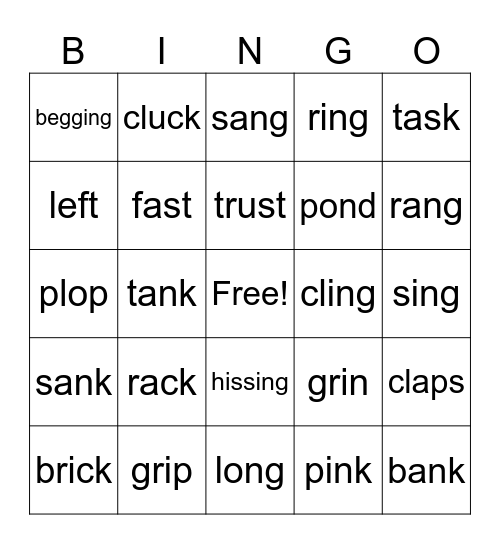 Closed Syllables Bingo Card