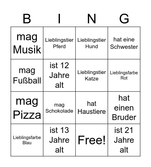 Finde jemanden Bingo Card