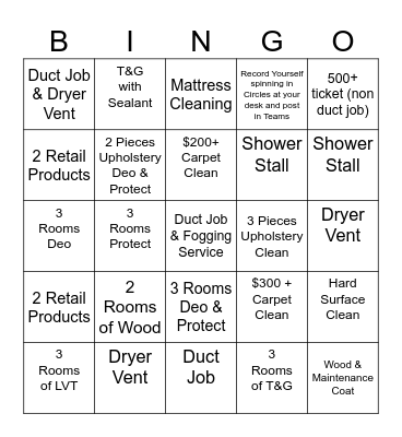 Stanley Steemer Residential Jobs Bingo Card