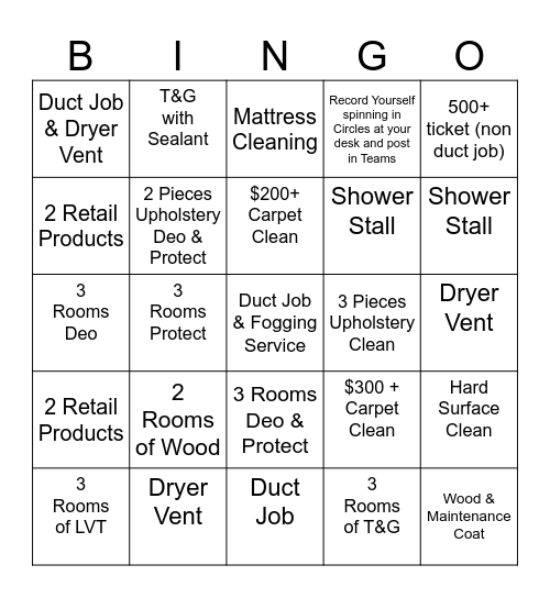 Stanley Steemer Residential Jobs Bingo Card