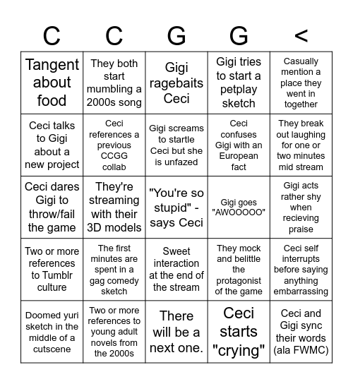 The CCGG collab bingo Card