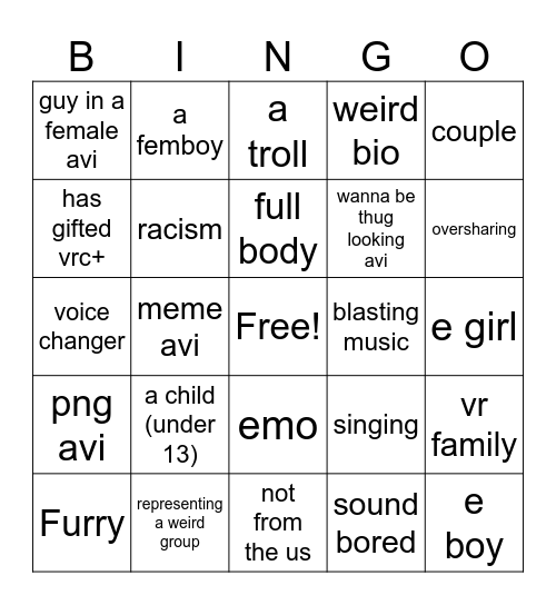 vrchat Bingo Card