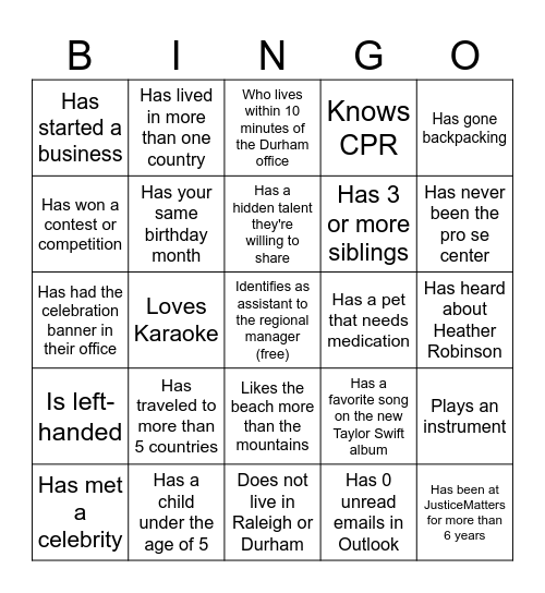 JusticeMatters All Staff Bingo Card