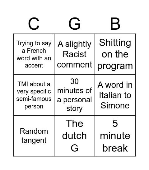Common Grounds Bingo Card