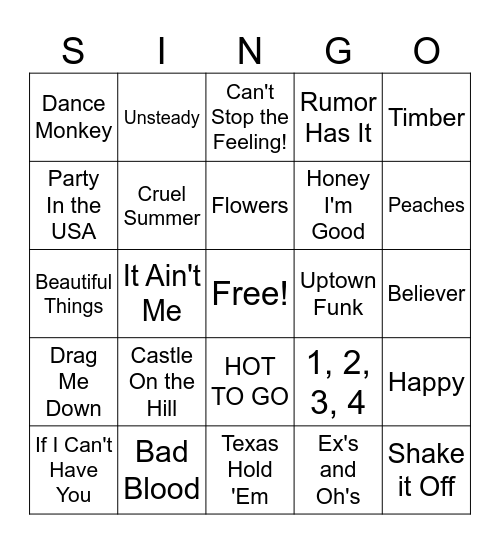 KIDZ BOP SINGO Bingo Card