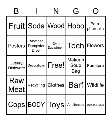 Dumpster Bingo Card