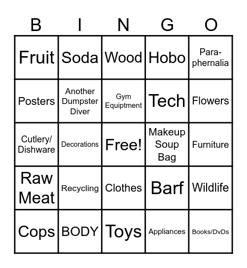 Dumpster Bingo Card