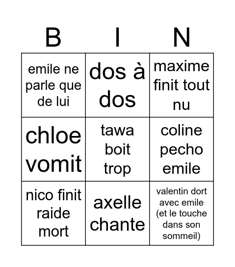 soirée de Emma Bingo Card