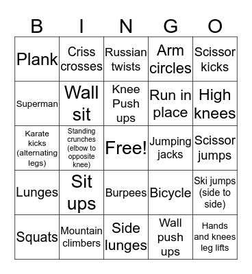 Fitness Warm-Up Bingo Card