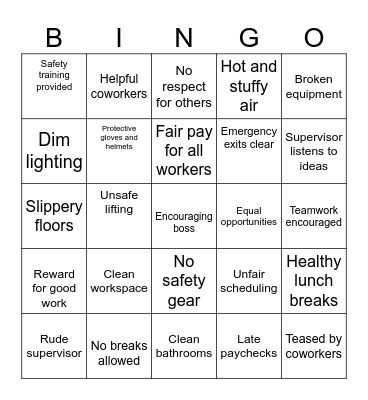 Working Conditions Bingo Card