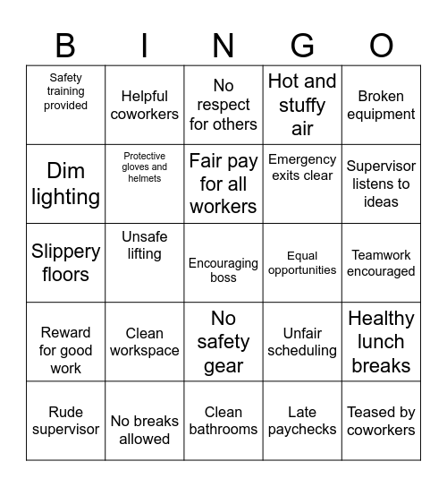 Working Conditions Bingo Card