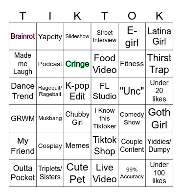 Tiktok Bingo Card