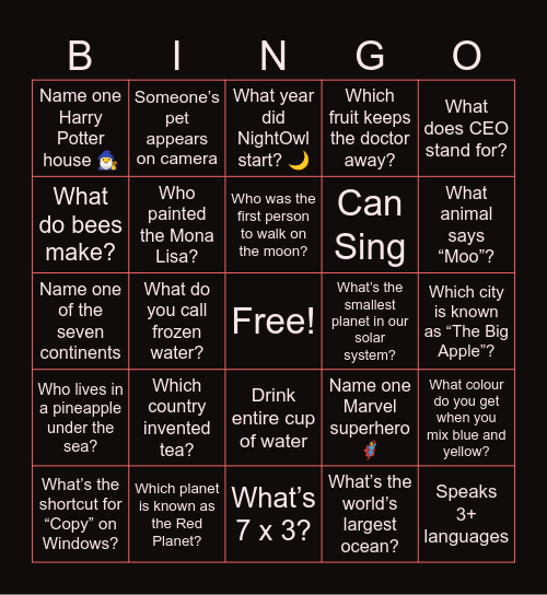 Fun Friday Trivia Bingo Card