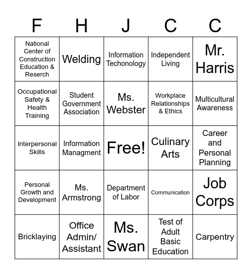 Finch- Henry Bingo Card