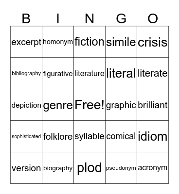 Language and Writing Bingo Card