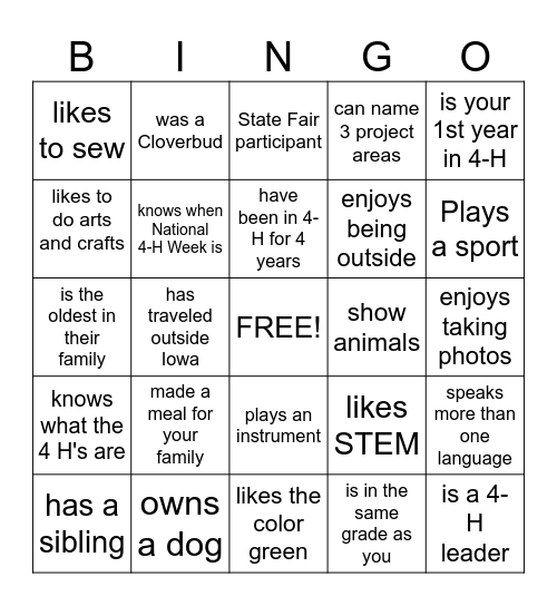 4-H Get to Know &ou Bingo Card