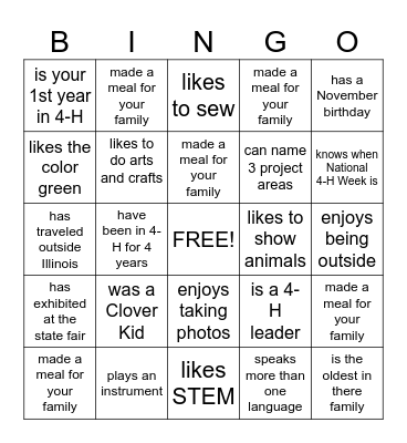 4-H/ Get to know you Bingo Card