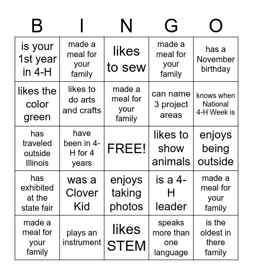 4-H/ Get to know you Bingo Card