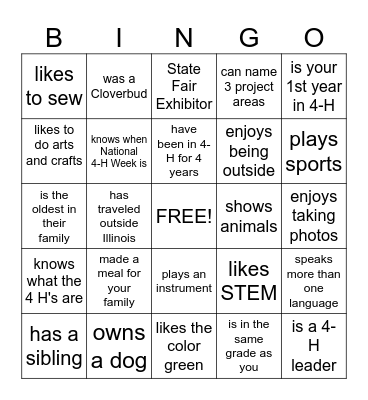 4-H/ Get to know you Bingo Card