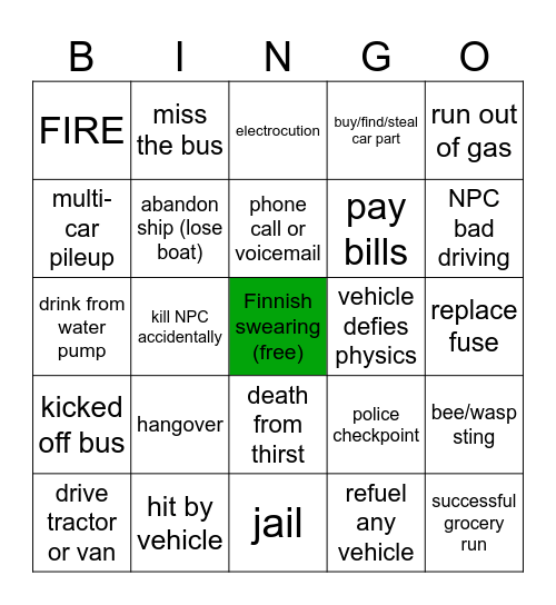 My Summer Car-a-Thon Bingo Card