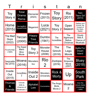 1 Second From 49 Random Animated Movies & TV Shows Tristan Lanier Bingo Card
