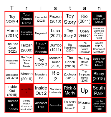 1 Second From 49 Random Animated Movies & TV Shows Tristan Lanier Bingo Card