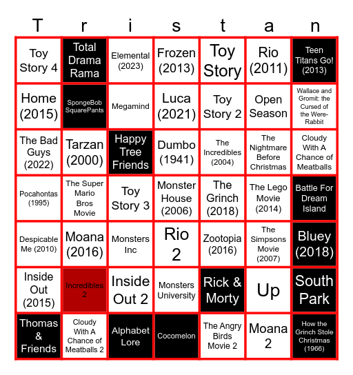 1 Second From 49 Random Animated Movies & TV Shows Tristan Lanier Bingo Card