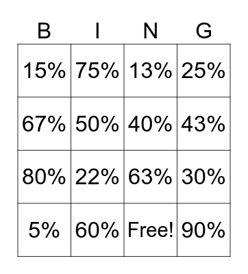 Fraction to Percentage Bingo Card