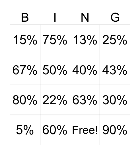 Fraction to Percentage Bingo Card