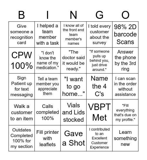 Walgreens Pharmacy Bingo Card