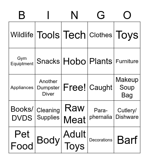 Dumpster Diving Bingo Card