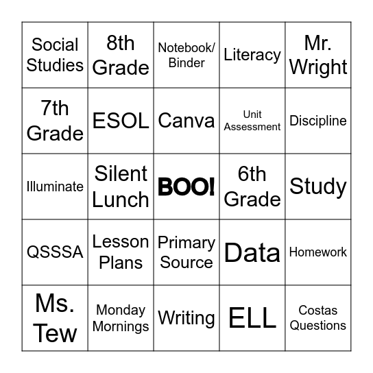 Social Studies Deparment Meeting BINGO Card