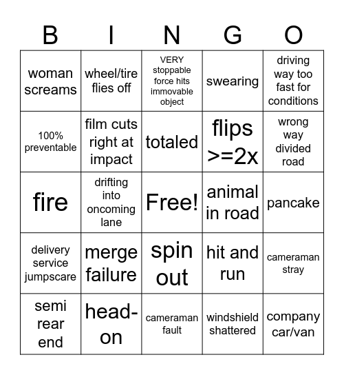 Car Crash Bingo Card