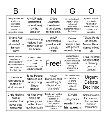 54th Government Question Time Bingo Card