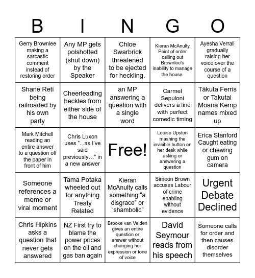 54th Government Question Time Bingo Card