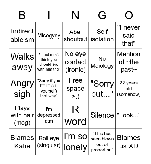 Tom's Apology Bingo Card