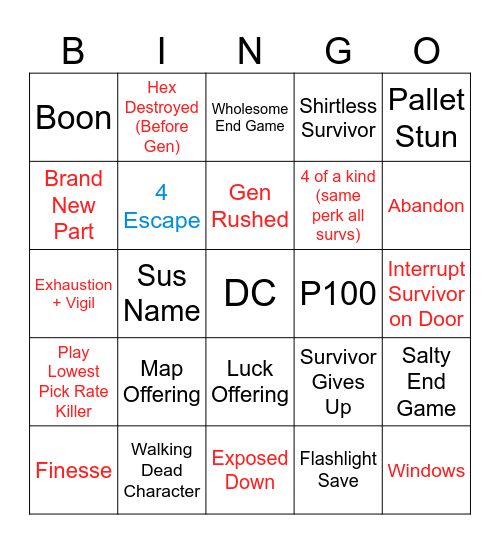 Dead by Daylight Bingo Card