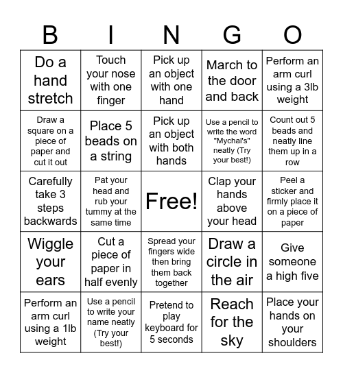 Motor Skills Bingo Card