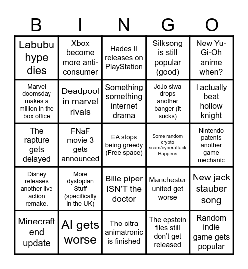 My personal 2026 bingo card Bingo Card