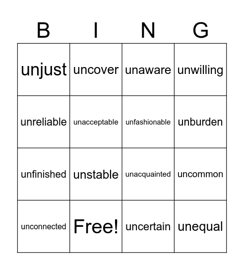 UN Suffix Bingo Card